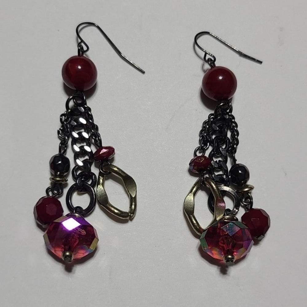 Burgundy/ Dark Red Dangle Pierced Fashion Earrings Nwot Chunky Bead